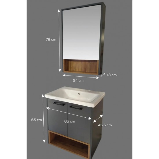 Mayer Karanfil Antrasit Banyo Dolabı + Ayna + Lavabo
